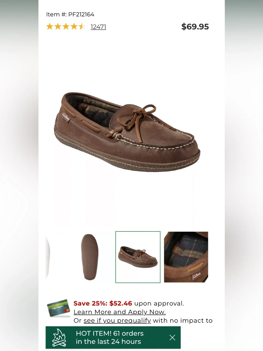 Men’s L.L. Bean Handsewn Slippers, Flannel Lined